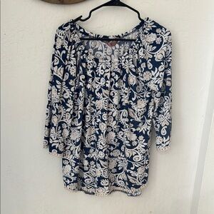 SJS Made in Mexico 3/4 Sleeve Blouse Textured Blue White Lace Trim